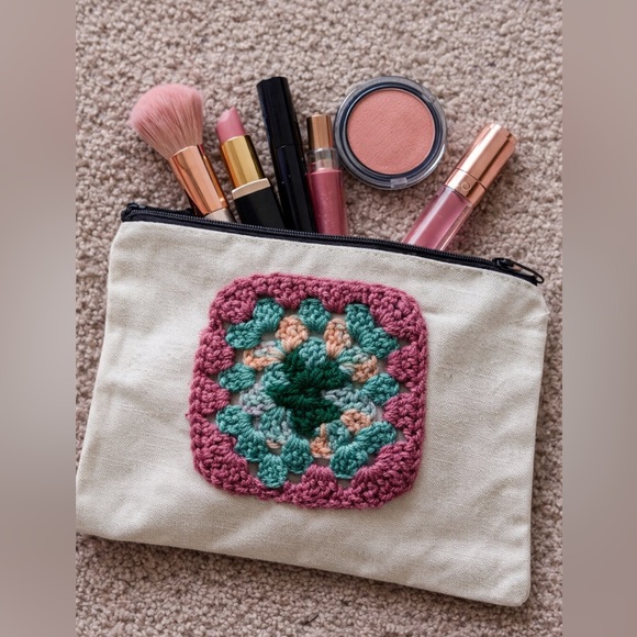 Handmade Handbags - Crochet Accent Cosmetic Bag in Cream and Pink